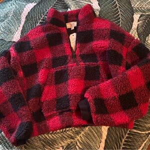 Cozy Red & Black Buffalo Plaid Sherpa Pullover Jacket